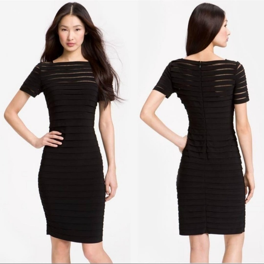 Adrianna Papell Partial Tuck Bandage Illusion Neck Stretchy Black Dress Size 2‎